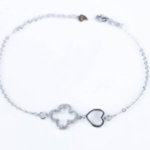 Srebrna bransoletka koniczynka z cyrkoniami i serce
