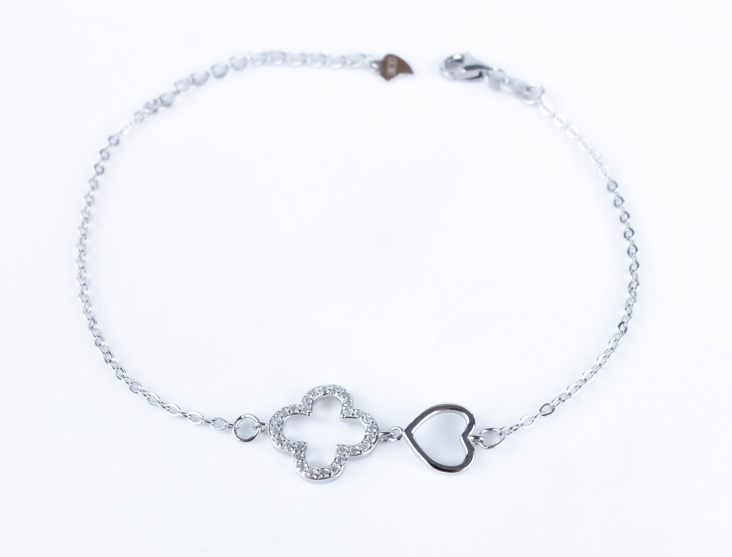 Srebrna bransoletka koniczynka z cyrkoniami i serce